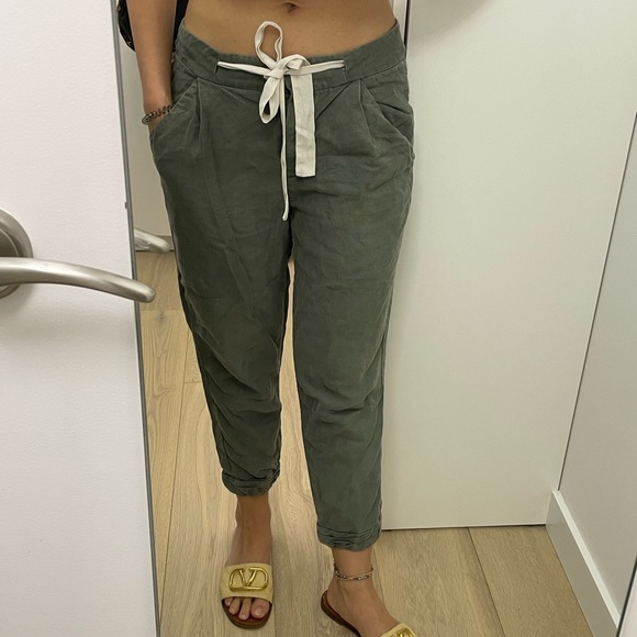 Aritzia Wilfred Allant Tan Linen ankle crepe drawstring jogger women’s pants Sz0 - Picture 2 of 9